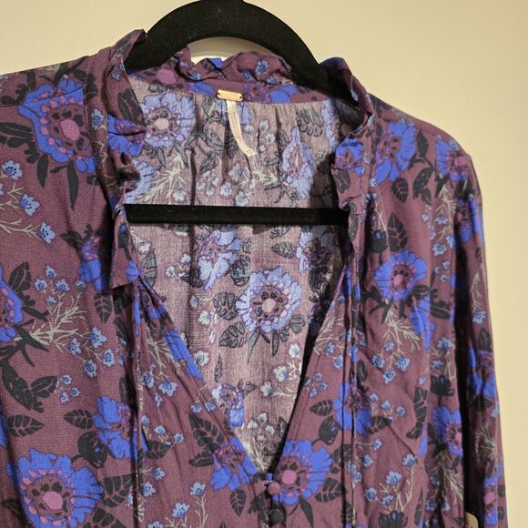 Free People Magic Mystery Tunic Top Dress XS Purple Floral Bell Sleeve Tie Neck - Picture 4 of 11